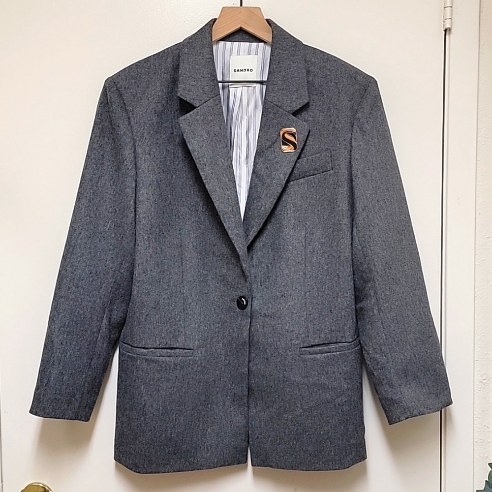 SANDRO  | Grey Wool Blend Blazer - Picture 2 of 14